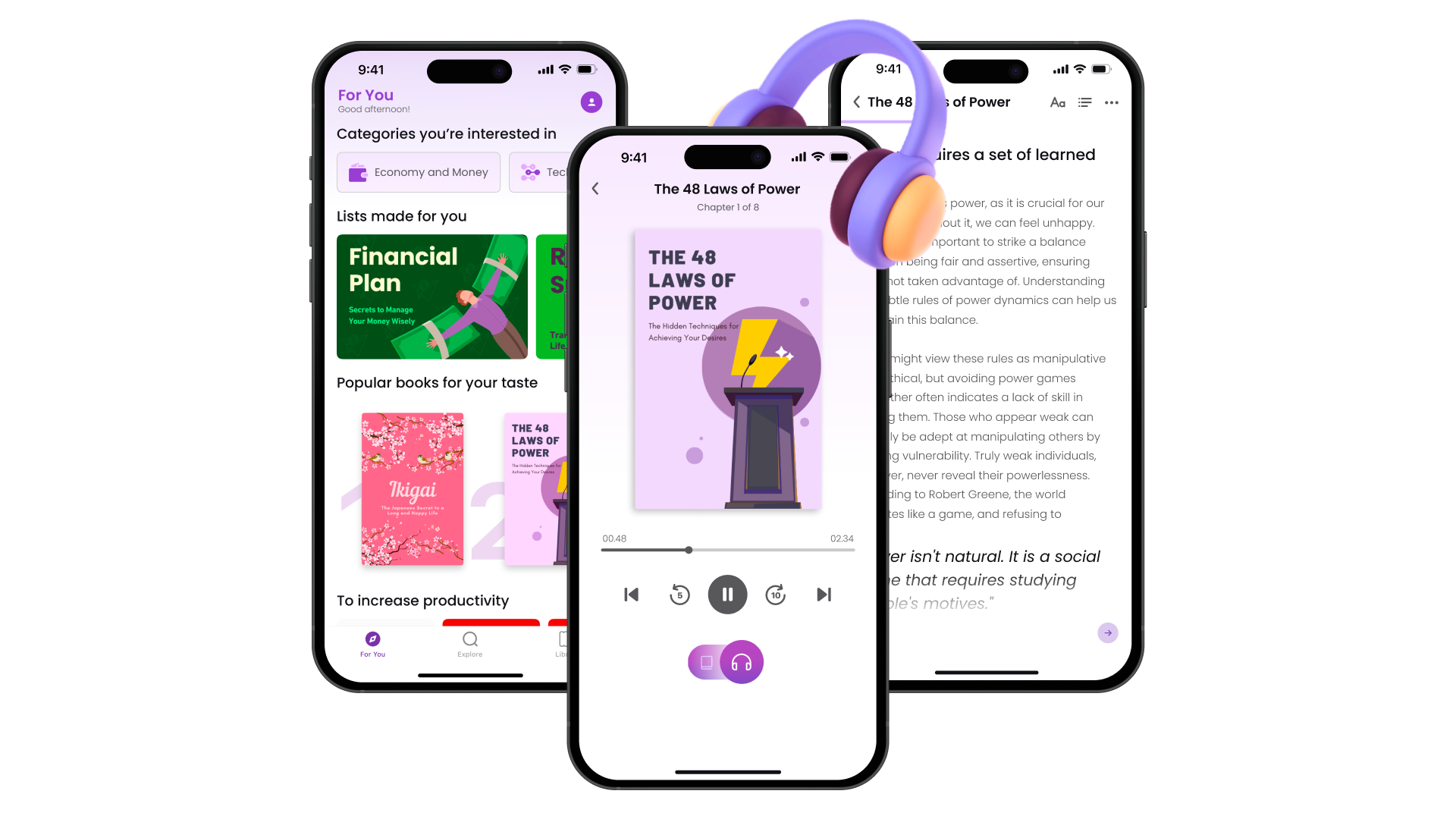 kitUP mobile app interface showing book summaries and audio features